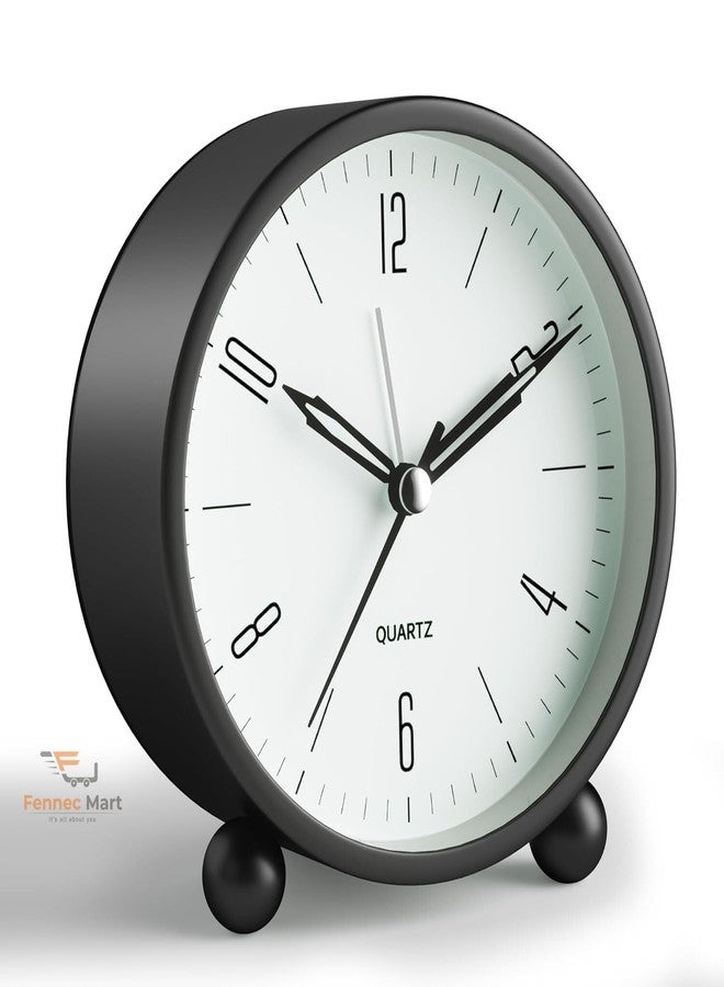 Fennec Mart 4 inch Super Silent Non Ticking Small Analog Alarm Clock with Night Light Simple Design Vintage Style Decor for Bedroom Bedside Desk Table (Black) - Image 1